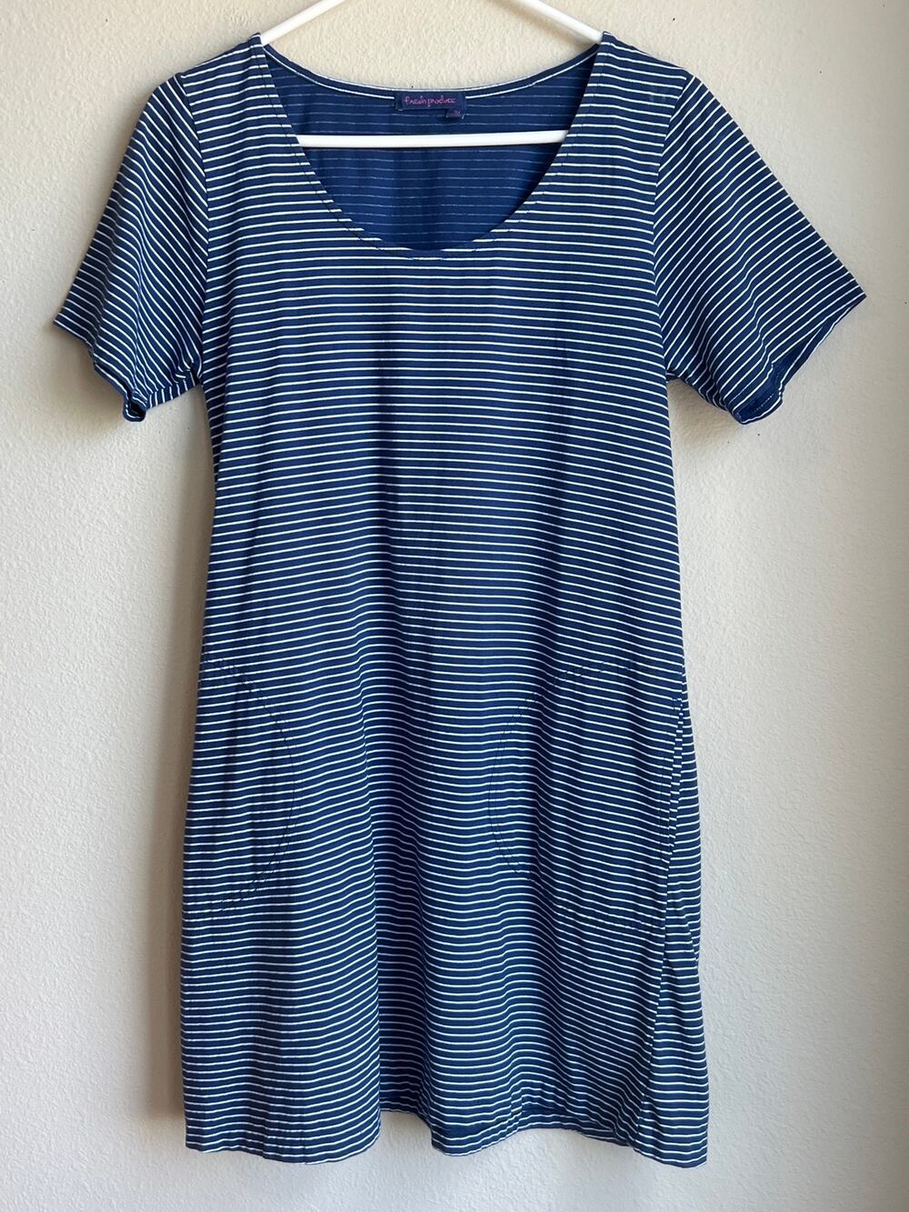 Fresh Produce Knit T-Shirt Dress Womens Small Navy Blue White Stripe Pockets